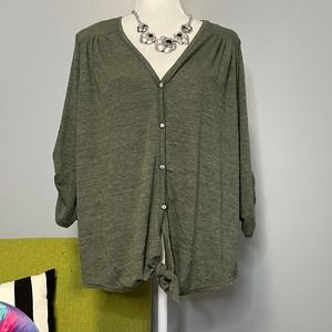 Max Studio Green Button Down Tie Waist Oversized Top NEW